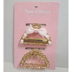 NEW JUICY COUTURE HAIR‎ CLIPS Ribbon Bow Gold Pink 2 Set Metal Claw